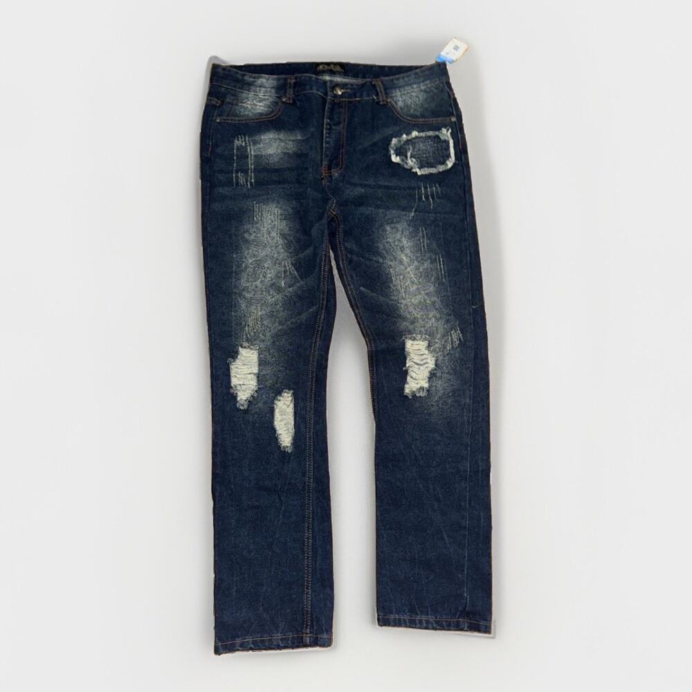 City Ink Denim Jeans Mens 38x34 Distressed Y2K Dark Wash Paisley Straight Leg
